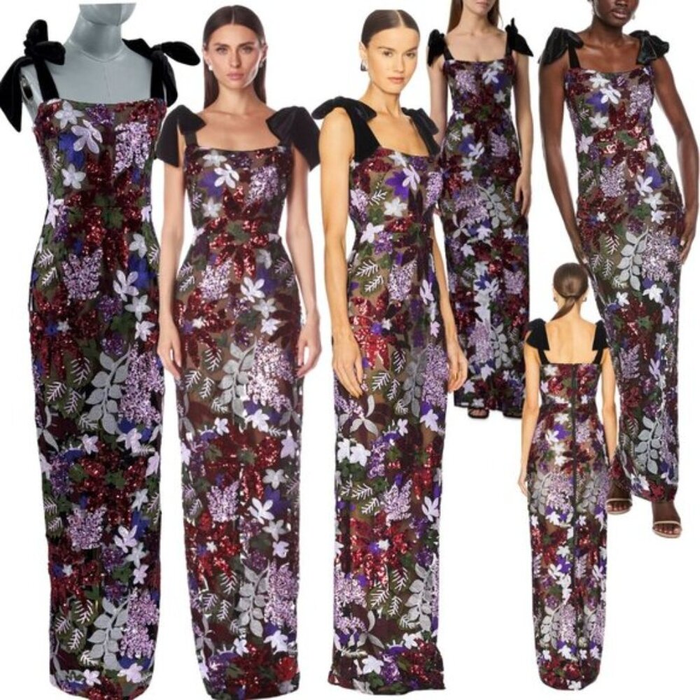Bronx and Banco Floral Sequin Maxi Dress in Black, Red & Purple